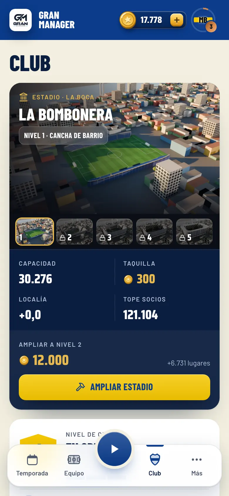 Pantalla Club con el estadio de Boca