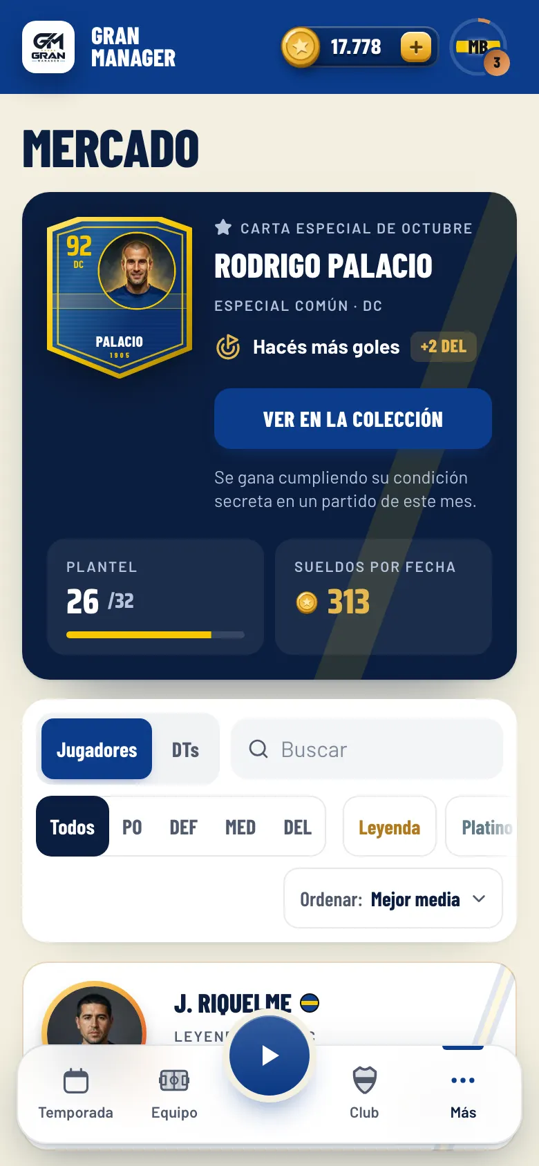 Pantalla del Mercado con cartas de jugadores