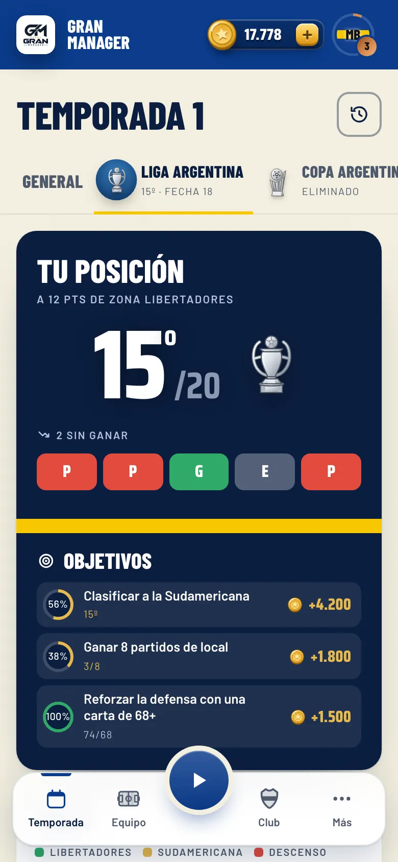 Pantalla de la Liga con la tabla de posiciones
