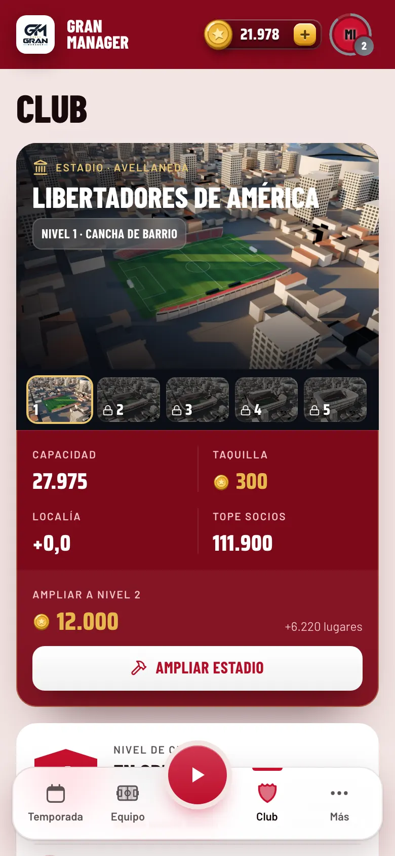 Pantalla Club con el estadio de Independiente