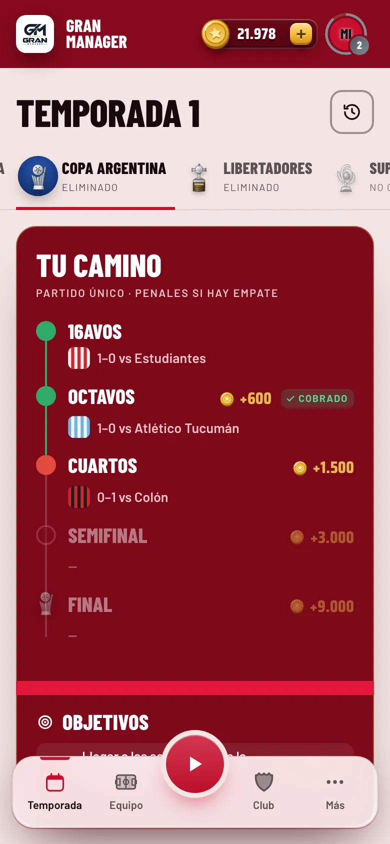 Pantalla de Copas con tu camino ronda a ronda