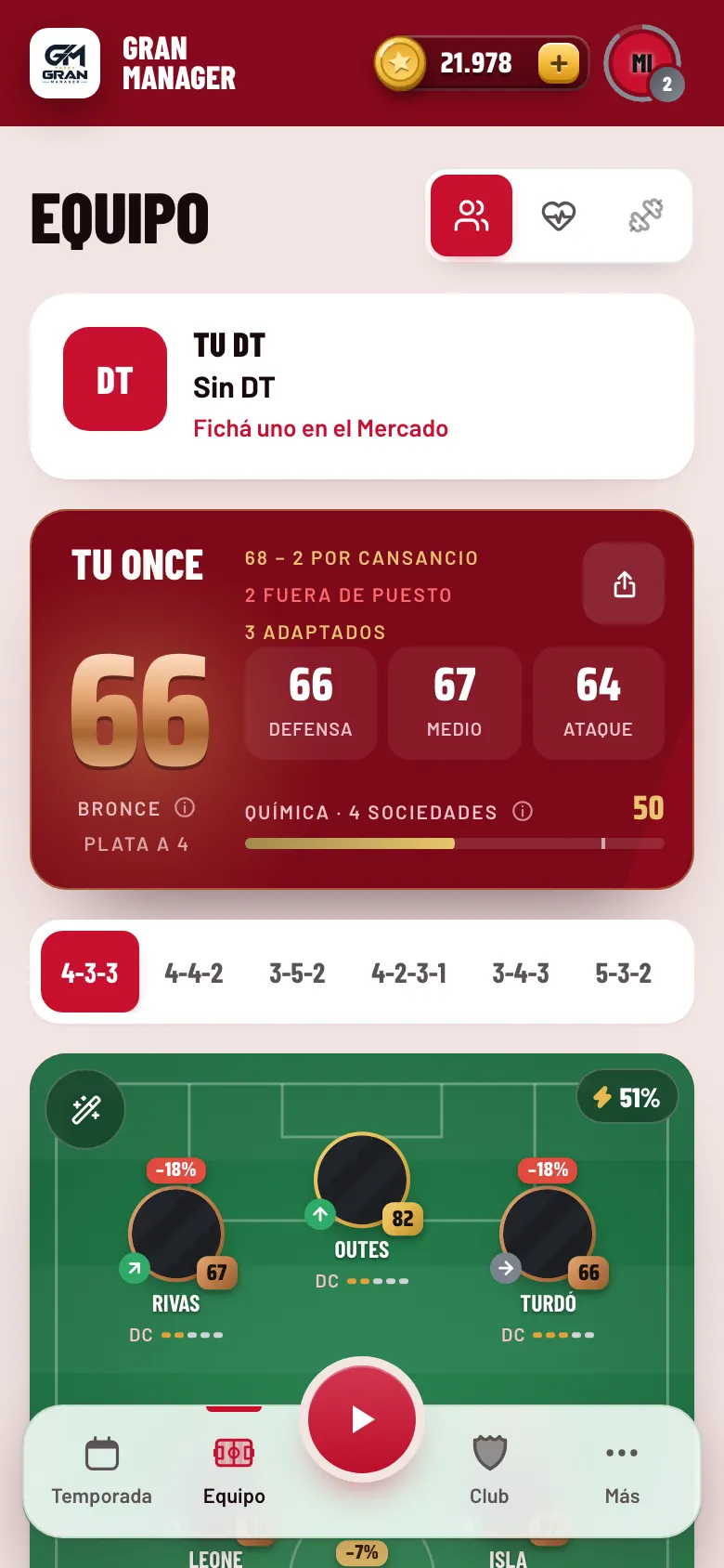 Pantalla Equipo con la formación en la cancha