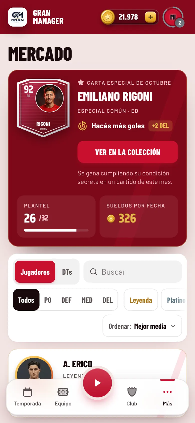 Pantalla del Mercado con cartas de jugadores