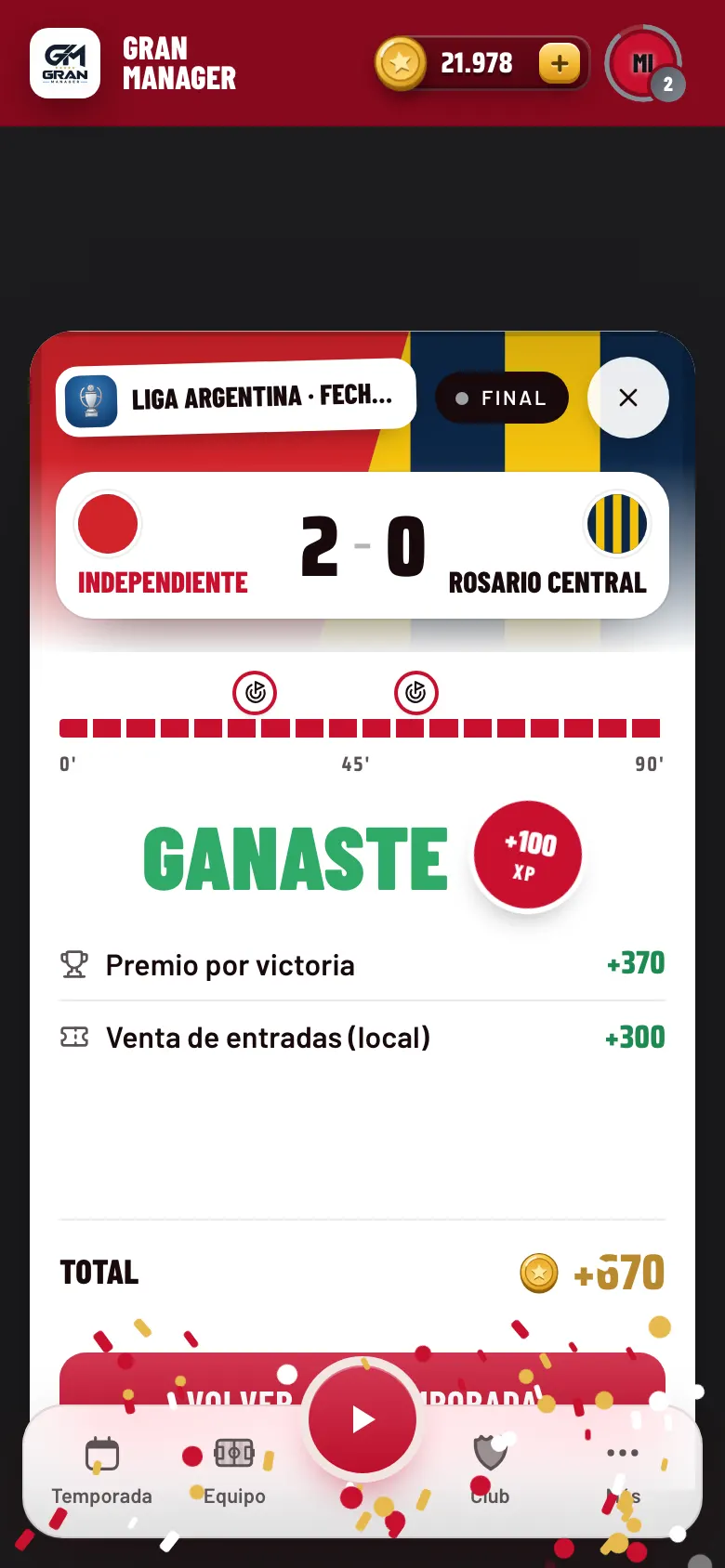 Pantalla del partido en vivo con el marcador y el relato