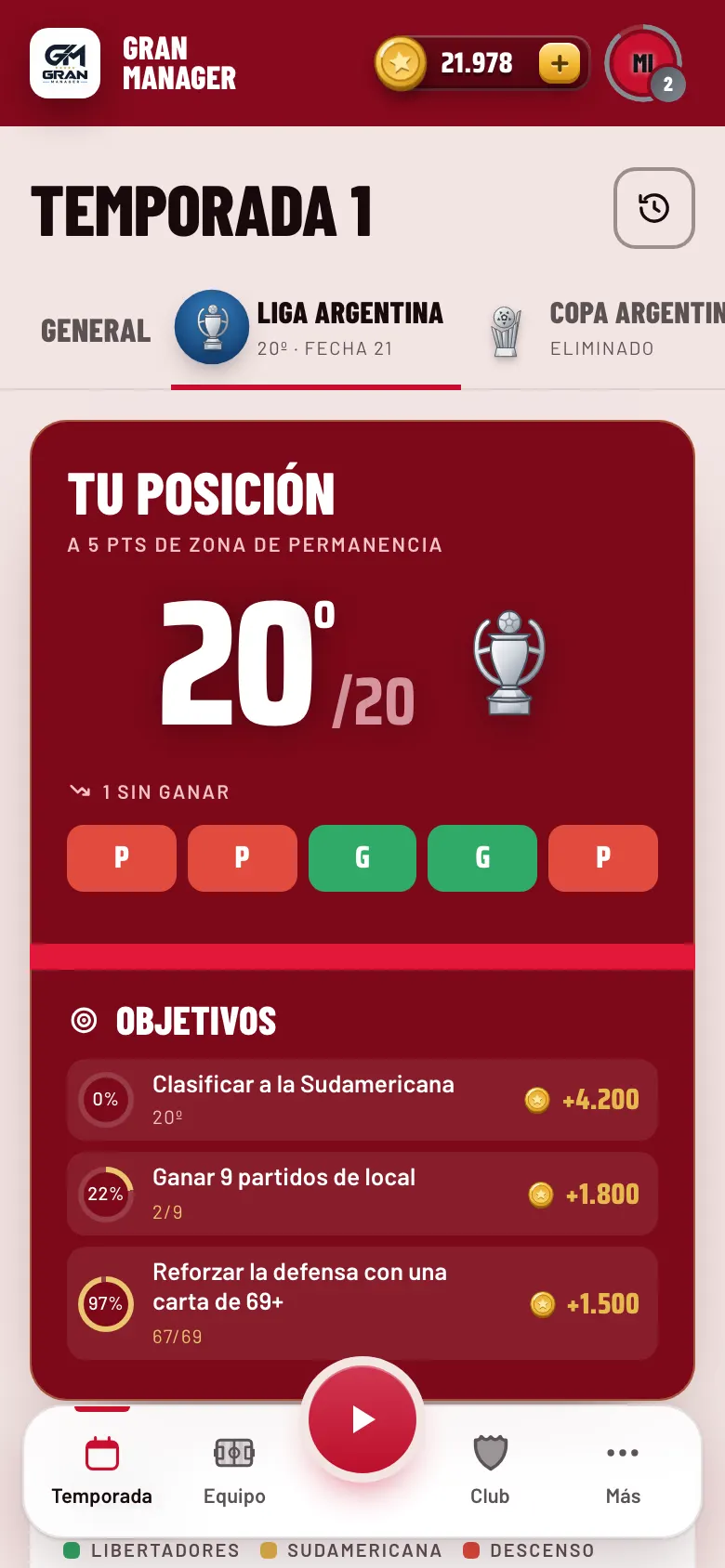 Pantalla de la Liga con la tabla de posiciones