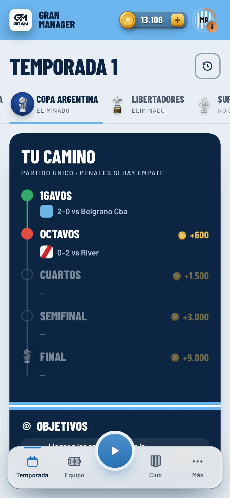 Pantalla de Copas con tu camino ronda a ronda