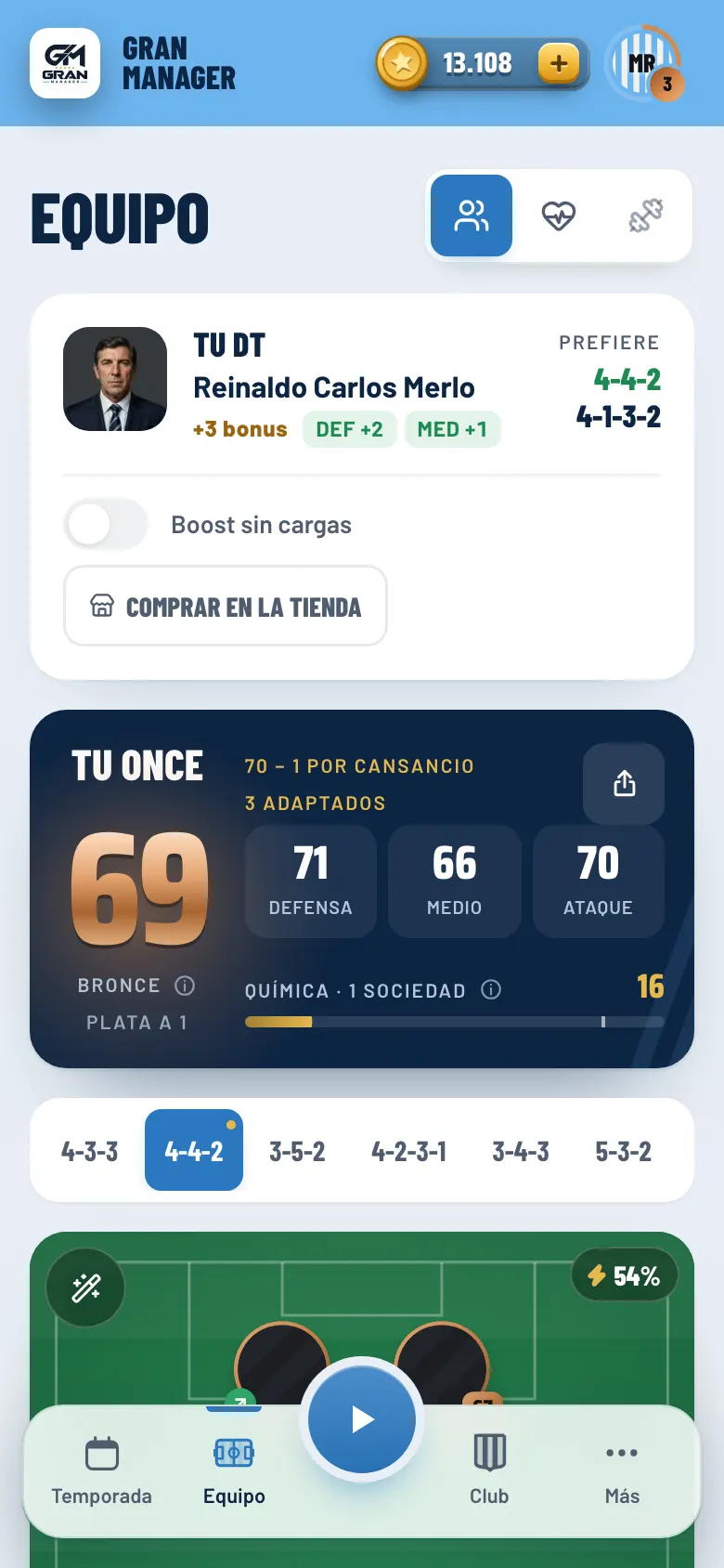 Pantalla Equipo con la formación en la cancha