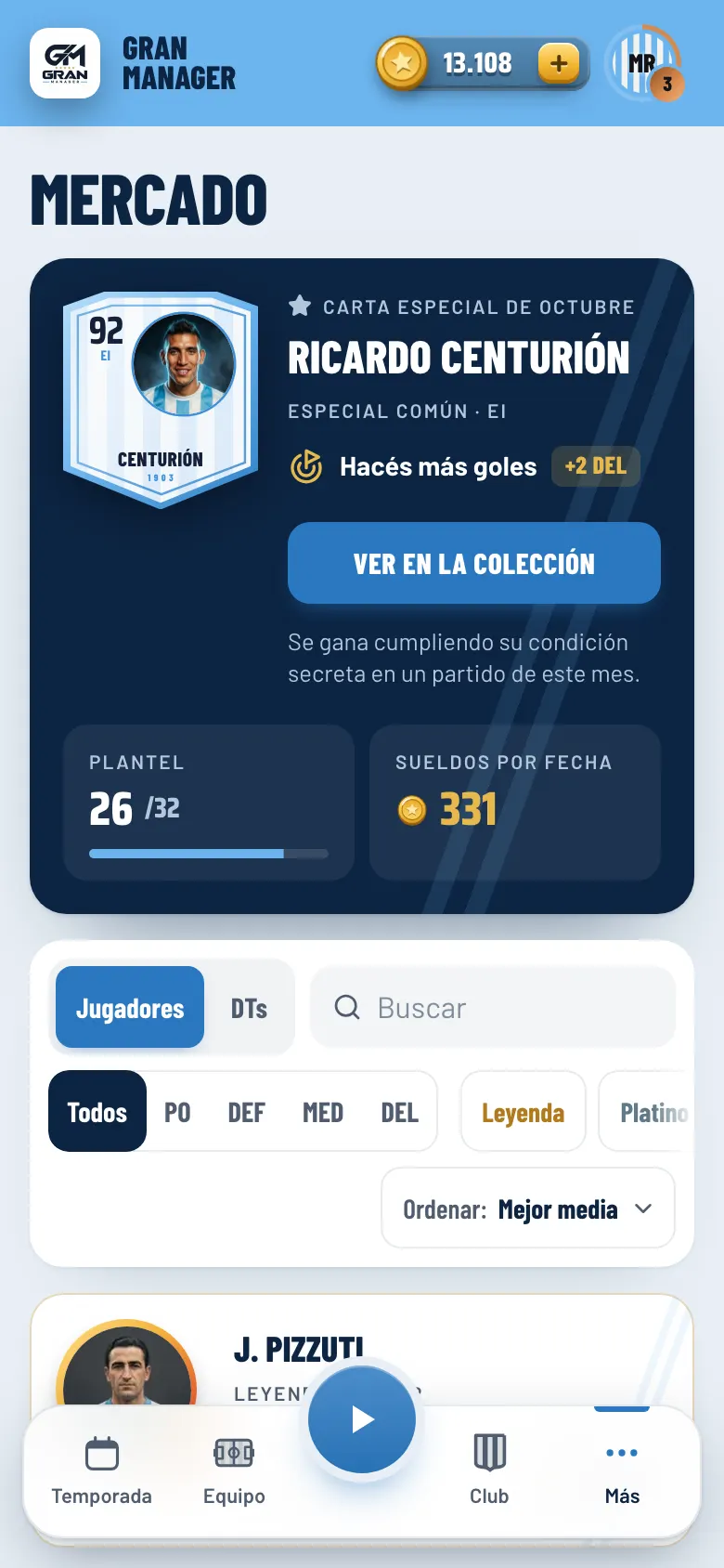 Pantalla del Mercado con cartas de jugadores