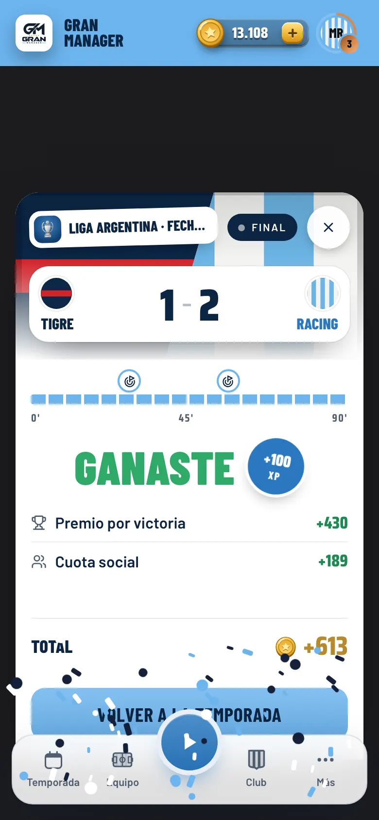 Pantalla del partido en vivo con el marcador y el relato