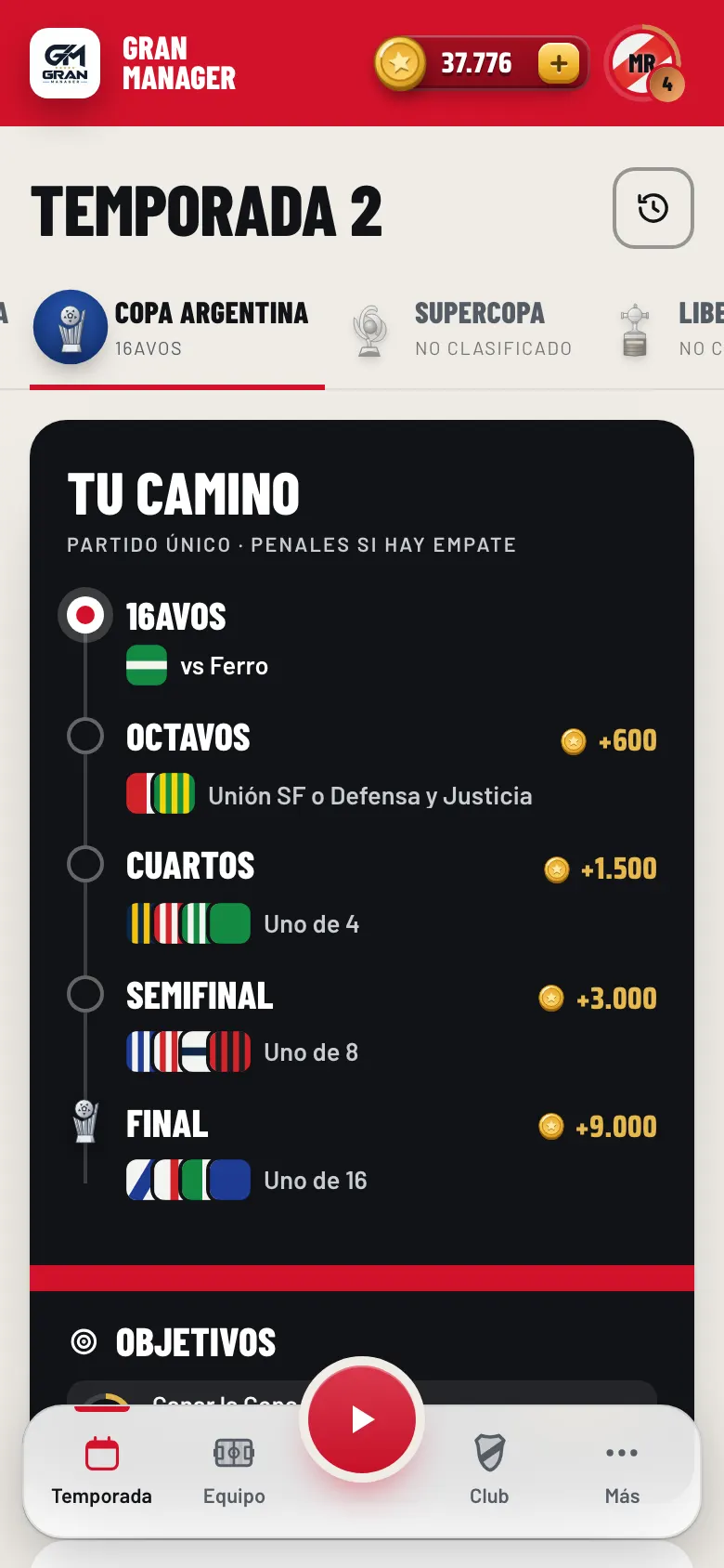 Pantalla de Copas con tu camino ronda a ronda