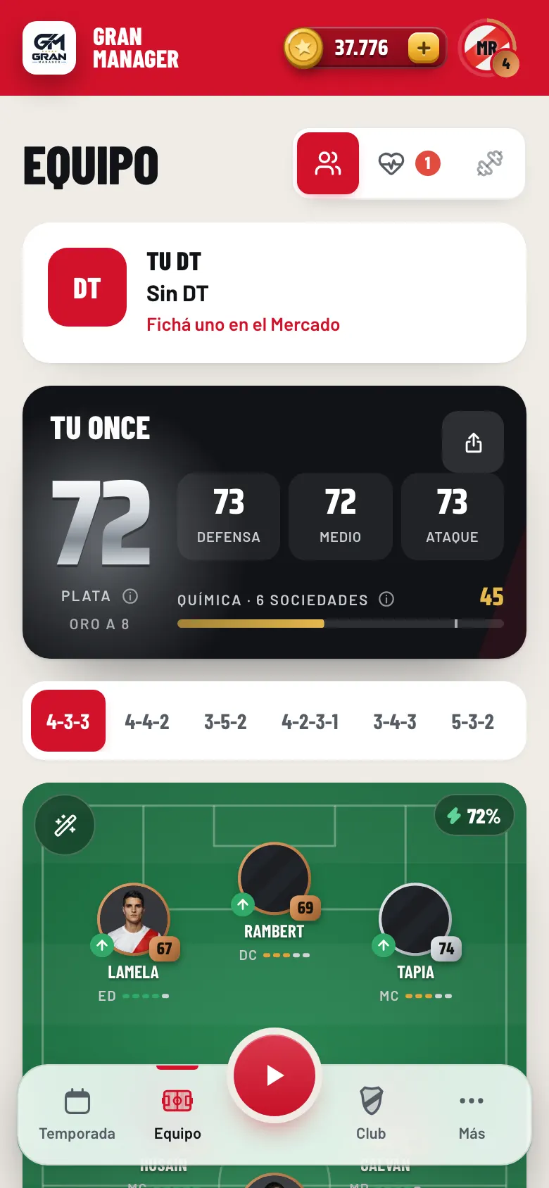 Pantalla Equipo con la formación en la cancha