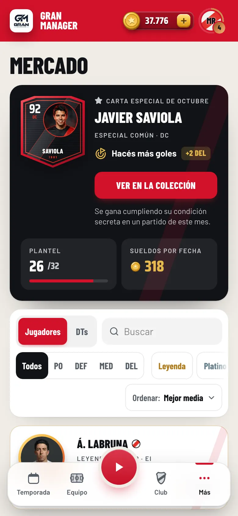 Pantalla del Mercado con cartas de jugadores