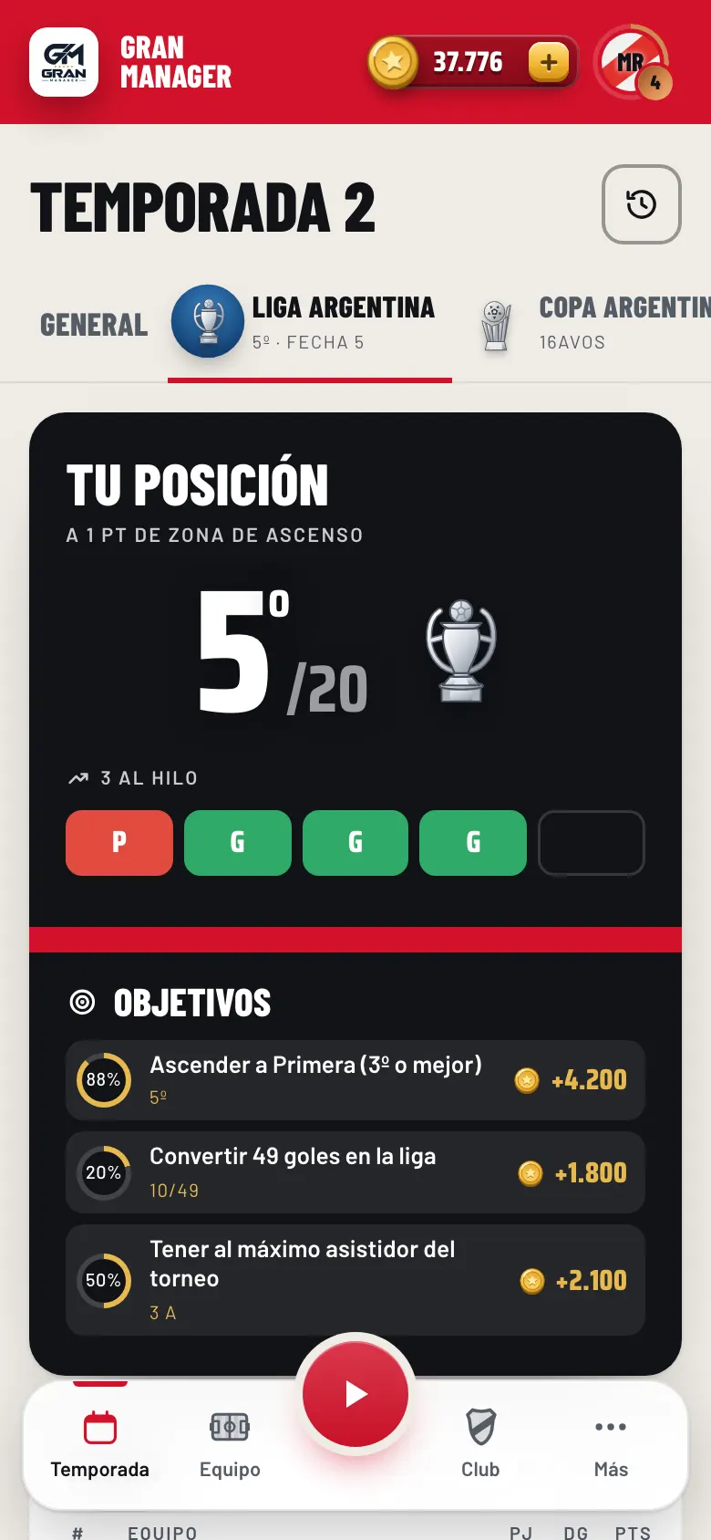 Pantalla de la Liga con la tabla de posiciones