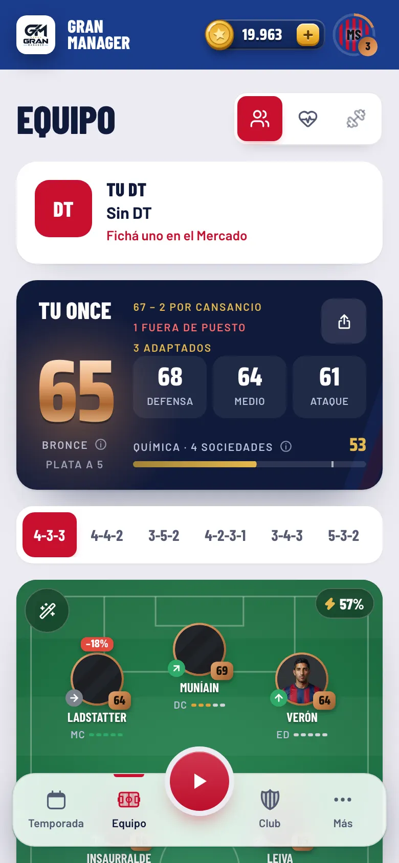 Pantalla Equipo con la formación en la cancha