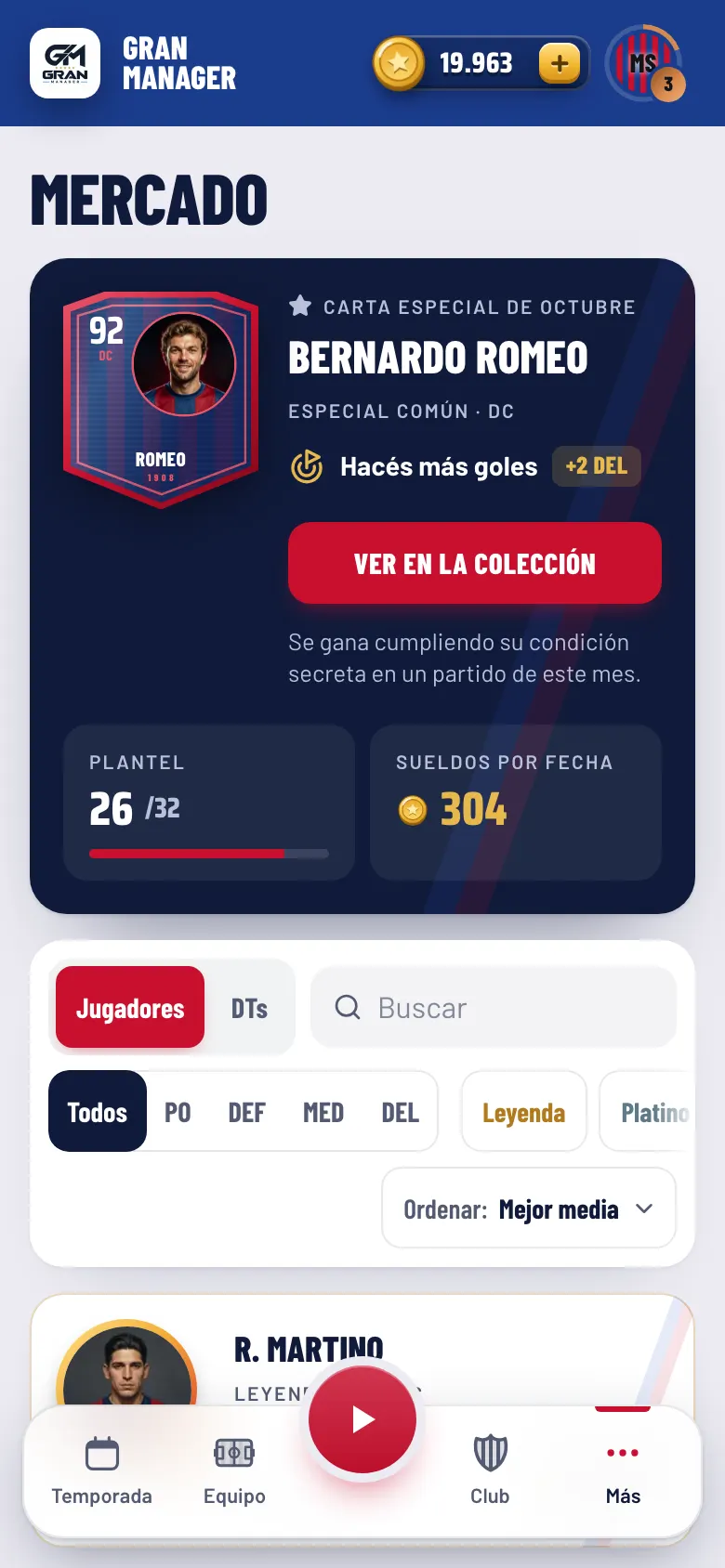 Pantalla del Mercado con cartas de jugadores