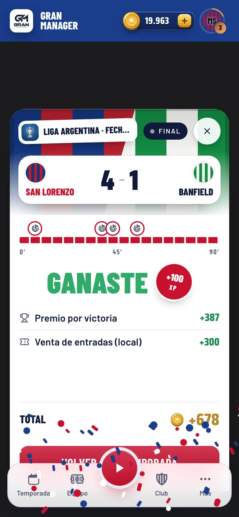 Pantalla del partido en vivo con el marcador y el relato