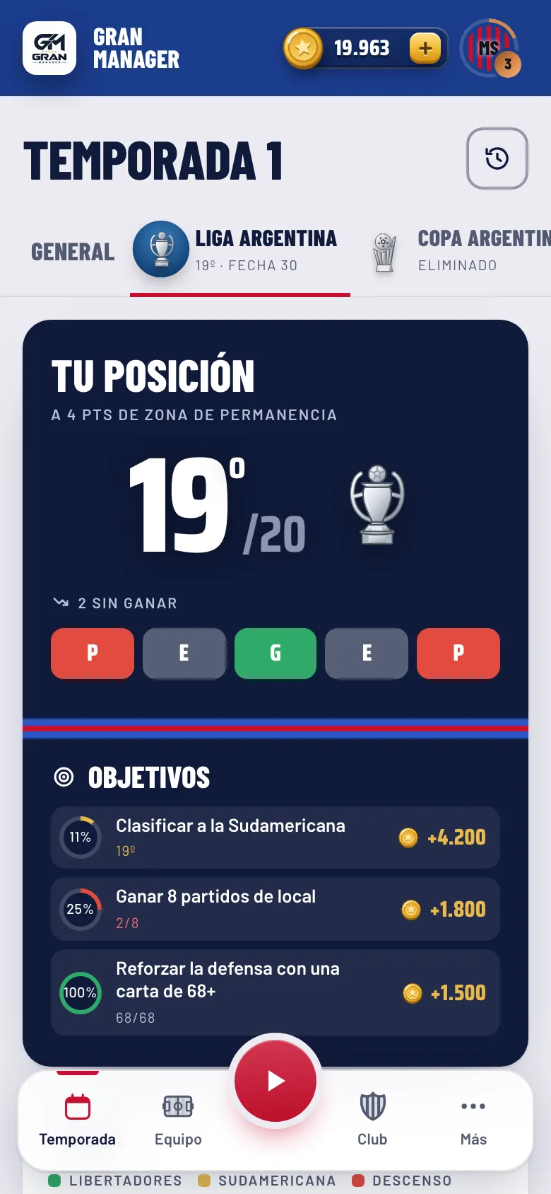 Pantalla de la Liga con la tabla de posiciones